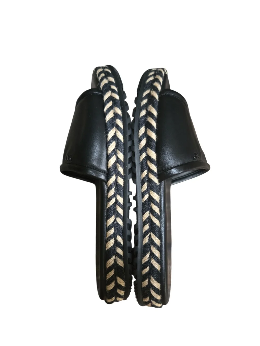 Tory Burch Black Leather Slide Sandal with Braided Espadrille Trim Sz 9